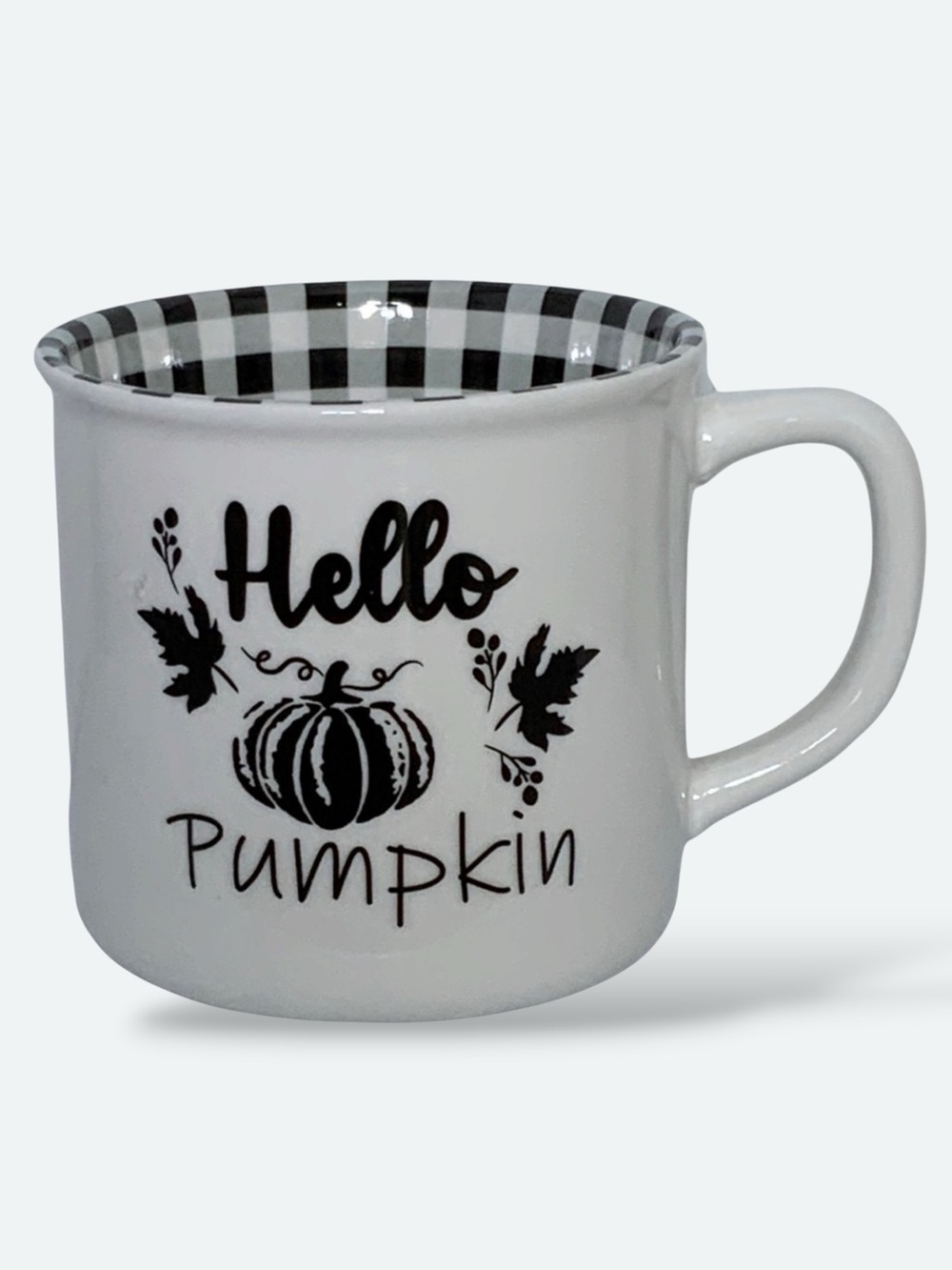Mug Hello Pumpkin Phrase Gingham Check Buffalo Plaid Accented Ceramic  16 OZ